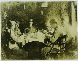 "1218 Deutsche Reiter mit der Wirtin im Quartier in einem Vogesenstädtchen."