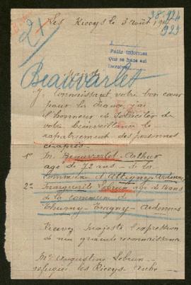 Expediente de Arthur Beauvarlet y Marguerite Lebrun