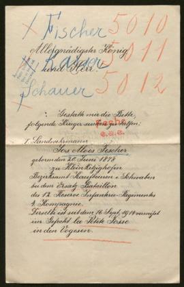 Expediente de Jos. Alois Fischer,  Johann Kaiser y Johann Schauer